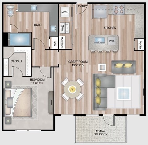 Floor plan for 1 bed, 1 bath, 820 sqft